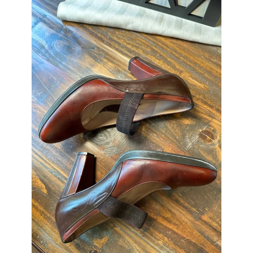 BeautiFeel Two Tone Leather Mary Jane Block Heel Pump Burgundy Brown Sz 39 8/8.5